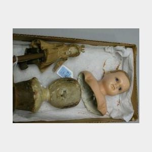 English Wax and Wooden Doll Heads and Wooden Toy
