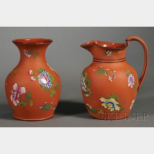Two Wedgwood Enamel Decorated Rosso Antico Items