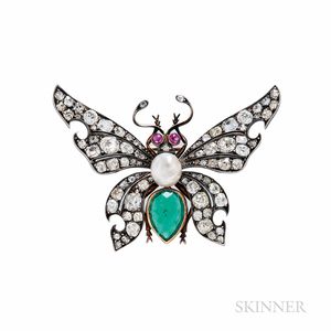 Antique Emerald and Diamond Butterfly Brooch