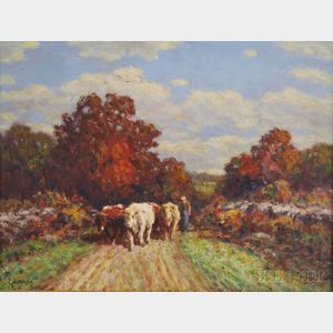 George Arthur Hays (American, 1854-1945) Farmer with Cows on a Path.