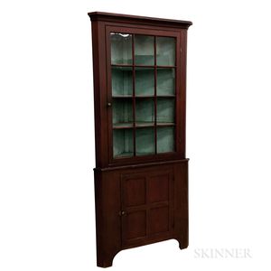 Country Red-painted and Glazed Pine Two-piece Corner Cupboard