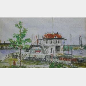 Framed Watercolor Depicting a Delaware River Boathouse