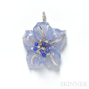 18kt White Gold, Dyed Blue Chalcedony, and Diamond Pendant/Brooch