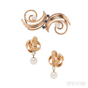 Two Gold and Cultured Pearl Jewelry Items