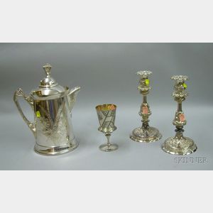 Meads & Robbins Aesthetic Silver Plated Ice Water Pitcher and Goblet, and a Pair of Wilcox Silver Plated Candlesticks