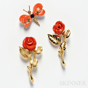 Three Gold and Coral Brooches
