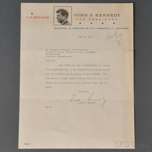 Kennedy, John Fitzgerald (1917-1963) Typed Letter Secretarial Signature, 23 May 1960