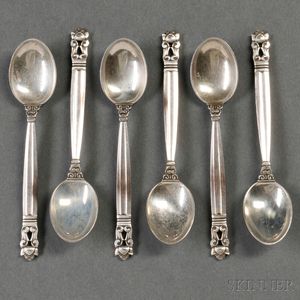 Six Georg Jensen Acorn Pattern Sterling Silver Demitasse Spoons