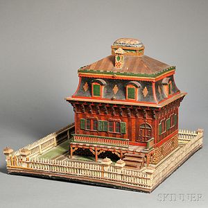 Paint-decorated Folk Art Victorian House-form Sewing Box