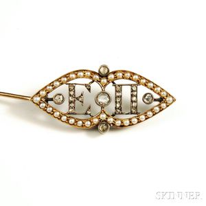 Antique Gold, Pearl, and Diamond Initial Brooch