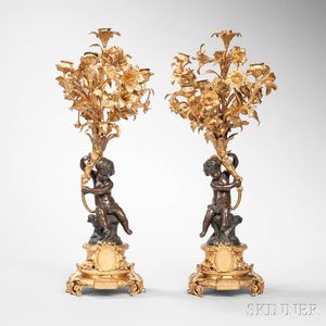 Pair of Gilt and Patinated Bronze Figural Six-light Candleabra