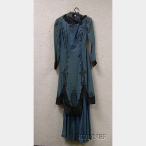 Edwardian Blue Wool Cord, Velvet, and Lace Embellished Dress