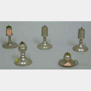 Five Small Pewter Whale Oil Sparking Lamps