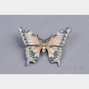 Art Nouveau Sterling Silver, Plique-a-Jour Enamel, and Gem-set Butterfly Pendant/B