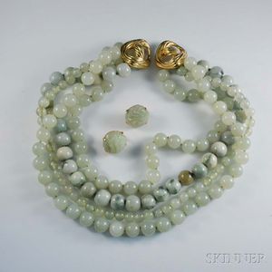 Tambetti Green Hardstone Four-strand Necklace and Carved Earrings Set