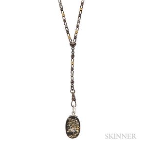 Antique Mixed-metal Watch Chain with Shakudo Pendant