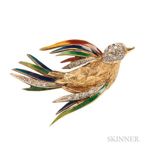 18kt Gold, Enamel, and Diamond Bird Brooch