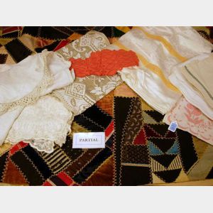 Four 19th Century Crazy Quilts and Three Boxes of Assorted Table Linens