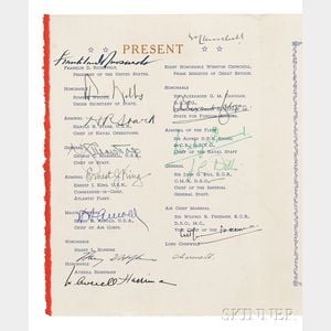 Churchill, Winston (1874-1965),Franklin Delano Roosevelt (1882-1945),and Others. Signed Menu from the Atlantic Conference, 9 August 1