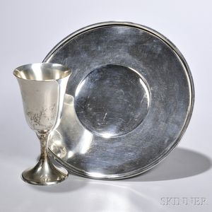 Sterling Silver Tray and Goblet, Gorham, Providence, 20th century, circular tray, dia. 10 1/8, and goblet with flared bell-form bowl, h