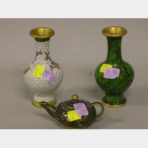 Two Chinese Cloisonne Vases and a Small Teapot.
