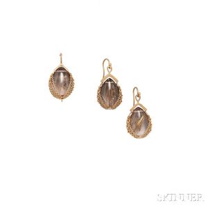 18kt Gold and Rutilated Quartz Pendant and Earrings