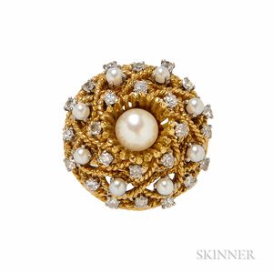 18kt Gold, Cultured Pearl and Diamond Ring