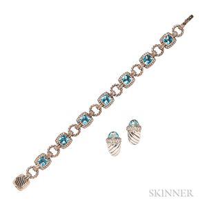 Sterling Silver, Blue Topaz, and Diamond Earrings, David Yurman