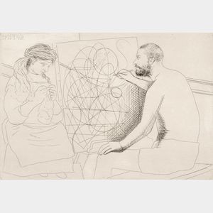 Pablo Picasso (Spanish, 1881-1973) Peintre et modèle tricotant