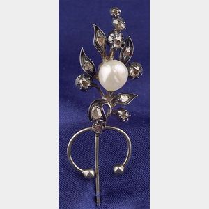 Antique Silver, Diamond, and Pearl Fibula