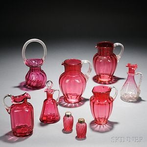 Nine Pieces of Cranberry Glass Tableware