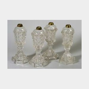 Two Pairs of Pressed Pattern Glass Fluid Lamps