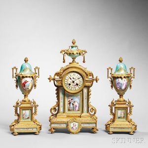 Sevres-type Porcelain and Gilt-bronze Three-piece Clock Garniture
