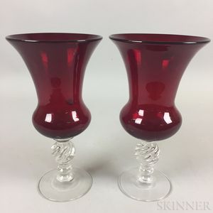 Pair of Ruby and Colorless Glass Vases