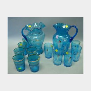 Seven-Piece Mary Gregory Enamel Decorated Blue Glass Lemonade Set and a Victorian Seven-Piece Gilt and Enamel Decorated Blue Glass Lemo