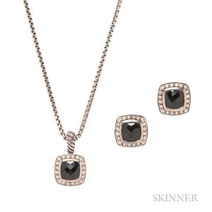 Sterling Silver, Onyx, and Diamond Pendant Necklace and Earrings, David Yurman