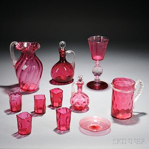 Eleven Pieces of Cranberry Glass Tableware
