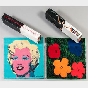 Two Ege Art Wool Rugs After Warhol's Marilyn in Blue and Flowers in Red/Blue