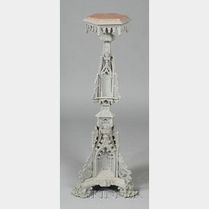 Victorian Gothic Revival Gray Painted Cast Iron and Marble-top Pedestal