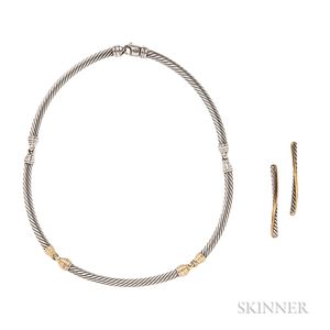 Sterling Silver and 14kt Gold Necklace and Earrings, David Yurman