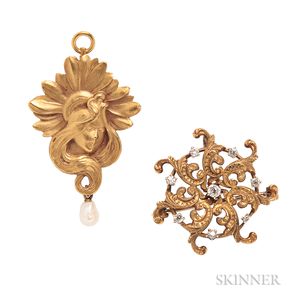 Two Art Nouveau 14kt Gold Pendant/Brooches