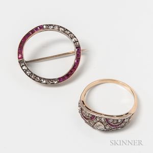 14kt Gold, Diamond, and Ruby Ring and Circle Brooch