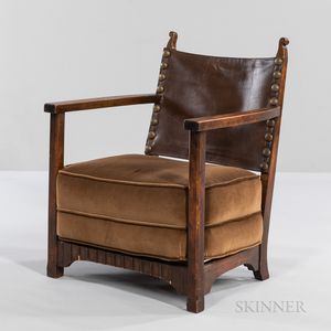 Arts and Crafts Oak, Leather, and Upholstered Child's Chair