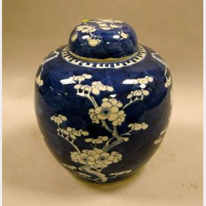 Chinese Blue and White Prunus Decorated Porcelain Covered Jar.