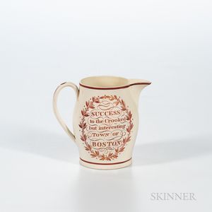Red Transfer-decorated Creamware "Success to the Crooked but Interesting Town of Boston!" Jug