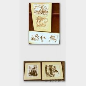 Lot of Seven Framed Mixed Media with Pen and Ink on Paper Civil War Illustrations Attributed to Don Freeman (American, 1908-1978)