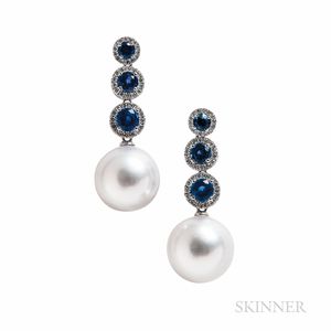 18kt White Gold, Sapphire, and South Sea Pearl Earrings