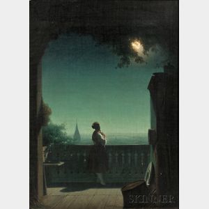 Continental School, 19th Century Woman in Moonlight on a Balcony