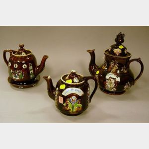 Three Measham Bargeware Teapots and a Trivet