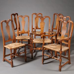 Set of Eight Queen Anne-style Maple and Figured Maple Dining Chairs